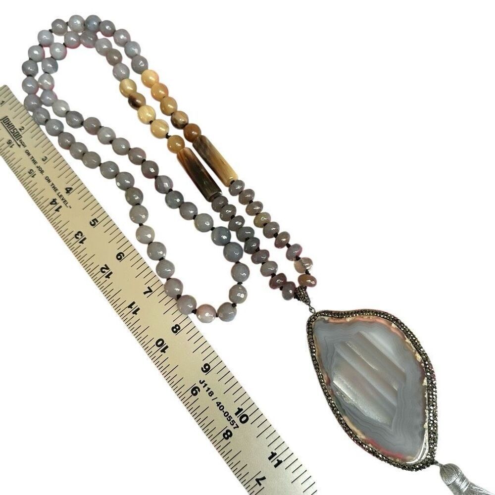 Gray Agate & Horn Beaded Tassel Necklace with Crystal Pendant - Picture 7 of 12
